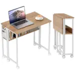 Folding Computer Desk, Foldable Desk with Storage Bag, Shelf and Wheels for Small Spaces, Home Office, Natural Wood - Image 11