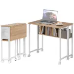 Folding Computer Desk, Foldable Desk with Storage Bag, Shelf and Wheels for Small Spaces, Home Office, Natural Wood