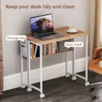 Folding Computer Desk, Foldable Desk with Storage Bag, Shelf and Wheels for Small Spaces, Home Office, Natural Wood - Image 5