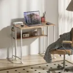 Folding Computer Desk, Foldable Desk with Storage Bag, Shelf and Wheels for Small Spaces, Home Office, Natural Wood - Image 7