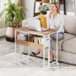 Folding Computer Desk, Foldable Desk with Storage Bag, Shelf and Wheels for Small Spaces, Home Office, Natural Wood - Image 9
