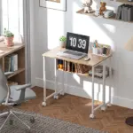 Folding Computer Desk, Foldable Desk with Storage Bag, Shelf and Wheels for Small Spaces, Home Office, Natural Wood - Image 10