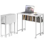 HOMCOM Folding Computer Desk, Foldable Desk with Storage Bag, Shelf and Wheels for Small Spaces, Home Office, White