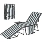 Folding Outdoor Chaise Lounge Chair Tanning Chair with 5-Level Adjustable Back, Side Table, Pillow, Pocket, Blue White