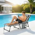 Folding Outdoor Chaise Lounge Chair Tanning Chair with 5-Level Adjustable Back, Side Table, Pillow, Pocket, Blue White - Image 10