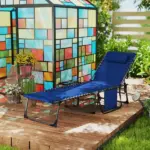 Folding Outdoor Chaise Lounge Chair Tanning Chair with 5-Level Adjustable Back, Side Table, Pillow, Pocket, Dark Blue - Image 2