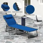 Folding Outdoor Chaise Lounge Chair Tanning Chair with 5-Level Adjustable Back, Side Table, Pillow, Pocket, Dark Blue - Image 5