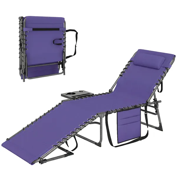 folding-outdoor-chaise-lounge-chair-tanning-chair-with-5-level-adjustable-back-side-table-pillow-pocket-purple.webp Folding Outdoor Chaise Lounge Chair Tanning Chair with 5-Level Adjustable Back, Side Table, Pillow, Pocket, Purple - Image 1