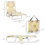 Outsunny Folding Outdoor Chaise Lounge Sun Tanning Chair with Face Cavity, Pillow, 5-level Adjustable for Beach, Pool, Beige - Image 3