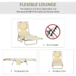 Outsunny Folding Outdoor Chaise Lounge Sun Tanning Chair with Face Cavity, Pillow, 5-level Adjustable for Beach, Pool, Beige - Image 4