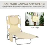Outsunny Folding Outdoor Chaise Lounge Sun Tanning Chair with Face Cavity, Pillow, 5-level Adjustable for Beach, Pool, Beige - Image 7