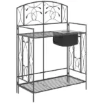 Outsunny Folding Potting Bench Table, Metal Garden Workstation, Work Bench with Large Built-in Bag with Cover, 5 Hanging Hooks and Storage Shelf
