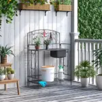 Outsunny Folding Potting Bench Table, Metal Garden Workstation, Work Bench with Large Built-in Bag with Cover, 5 Hanging Hooks and Storage Shelf - Image 10