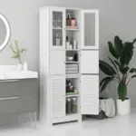Freestanding Bathroom Cabinet with Glass/Louvred Doors, Tall Bathroom Storage Cabinet with Adjustable Shelf, White - Image 2
