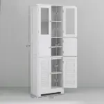 Freestanding Bathroom Cabinet with Glass/Louvred Doors, Tall Bathroom Storage Cabinet with Adjustable Shelf, White - Image 3