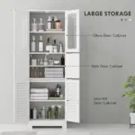 Freestanding Bathroom Cabinet with Glass/Louvred Doors, Tall Bathroom Storage Cabinet with Adjustable Shelf, White - Image 4