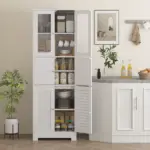 Freestanding Bathroom Cabinet with Glass/Louvred Doors, Tall Bathroom Storage Cabinet with Adjustable Shelf, White - Image 8