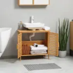 Freestanding Bathroom Sink Cabinet, Bamboo Under Sink Cabinet Cupboard Organizer with 2 Slatted Doors, Natural - Image 7