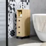 Kleankin Freestanding Compact Design Bathroom Cabinet with 2 Open Cabinets 1 Door Cabinet 1 Drawer and 4 Rolling Wheels Oak Grain Color - Image 2