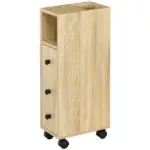 Kleankin Freestanding Compact Design Bathroom Cabinet with 2 Open Cabinets 1 Door Cabinet 1 Drawer and 4 Rolling Wheels Oak Grain Color