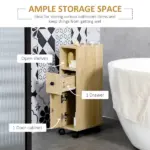 Kleankin Freestanding Compact Design Bathroom Cabinet with 2 Open Cabinets 1 Door Cabinet 1 Drawer and 4 Rolling Wheels Oak Grain Color - Image 4