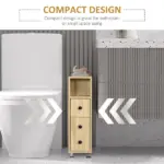 Kleankin Freestanding Compact Design Bathroom Cabinet with 2 Open Cabinets 1 Door Cabinet 1 Drawer and 4 Rolling Wheels Oak Grain Color - Image 6