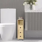 Kleankin Freestanding Compact Design Bathroom Cabinet with 2 Open Cabinets 1 Door Cabinet 1 Drawer and 4 Rolling Wheels Oak Grain Color - Image 9