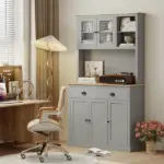 Freestanding Kitchen Cabinet, 71" Tall Pantry Cabinet, Modern Hutch with Wide Countertop, Adjustable Shelves, Gray - Image 8