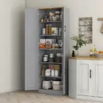 HOMCOM 4 Door Freestanding Kitchen Pantry with Adjustable Shelves Distressed Gray - Image 2