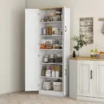 HOMCOM Freestanding Kitchen Pantry, 4-Door Kitchen Pantry Cabinet with Adjustable Shelves and Doors, Distressed White - Image 2