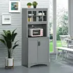 Freestanding Kitchen Pantry Cabinet, Tall Kitchen Storage Cabinet with Glass Framed Door and Microwave Space, Accent Kitchen Pantry, Gray - Image 2