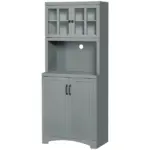 Freestanding Kitchen Pantry Cabinet, Tall Kitchen Storage Cabinet with Glass Framed Door and Microwave Space, Accent Kitchen Pantry, Gray - Image 11