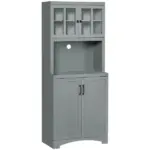 Freestanding Kitchen Pantry Cabinet, Tall Kitchen Storage Cabinet with Glass Framed Door and Microwave Space, Accent Kitchen Pantry, Gray