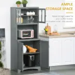 Freestanding Kitchen Pantry Cabinet, Tall Kitchen Storage Cabinet with Glass Framed Door and Microwave Space, Accent Kitchen Pantry, Gray - Image 4
