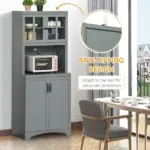 Freestanding Kitchen Pantry Cabinet, Tall Kitchen Storage Cabinet with Glass Framed Door and Microwave Space, Accent Kitchen Pantry, Gray - Image 7