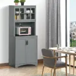 Freestanding Kitchen Pantry Cabinet, Tall Kitchen Storage Cabinet with Glass Framed Door and Microwave Space, Accent Kitchen Pantry, Gray - Image 10