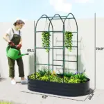 Galvanised Raised Garden Bed with Arched Trellis, 5 x 3 x 6ft Metal Outdoor Planter Box with Open Bottom, Dark Gray - Image 3