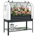 Outsunny Galvanised Raised Garden Bed with Greenhouse Cover, Metal Elevated Garden Bed with Bed Liner, Bottom Shelf, Black - Image 11