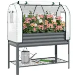 Outsunny Galvanised Raised Garden Bed with Greenhouse Cover, Metal Elevated Garden Bed with Bed Liner, Bottom Shelf, Dark Gray - Image 11