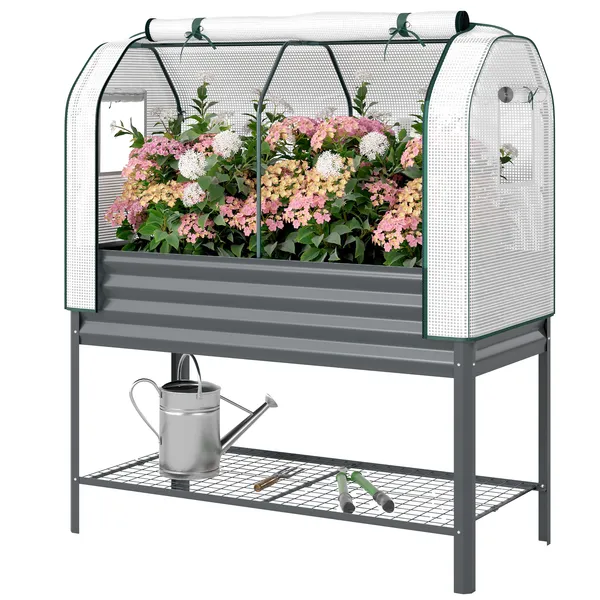 galvanised-raised-garden-bed-with-greenhouse-cover-metal-elevated-garden-bed-with-bed-liner-bottom-shelf-dark-gray.webp Outsunny Galvanised Raised Garden Bed with Greenhouse Cover, Metal Elevated Garden Bed with Bed Liner, Bottom Shelf, Dark Gray - Image 1