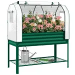 Outsunny Galvanised Raised Garden Bed with Greenhouse Cover, Metal Elevated Garden Bed with Bed Liner, Bottom Shelf, Green - Image 11