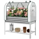 Outsunny Galvanised Raised Garden Bed with Greenhouse Cover, Metal Elevated Garden Bed with Bed Liner, Bottom Shelf, Silver