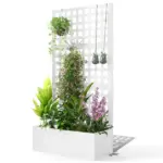 Galvanized Raised Garden Bed Planter Box with Trellis for Climbing Plants, Vegetable, Vines, 35" x 16" x 70", White