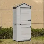 Garden Cabinet Light Gray Wooden 4-Tier Backyard Storage Shed 3 Shelves Lockable Organizer Tin Roof Magnetic Latch - Image 2
