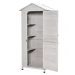 Garden Cabinet Light Gray Wooden 4-Tier Backyard Storage Shed 3 Shelves Lockable Organizer Tin Roof Magnetic Latch - Image 8