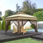 Garden Loveseat with Umbrella Hole Middle Table Natural Wood Tone - Image 8