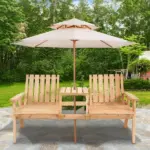 Garden Loveseat with Umbrella Hole Middle Table Natural Wood Tone - Image 10