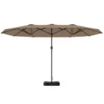 Garden Parasol 14.4 ft. Double-Sided Sun Umbrella with Base, Patio Parasol with LED Solar Lights, Khaki