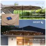 Garden Parasol 14.4 ft. Double-Sided Sun Umbrella with Base, Patio Parasol with LED Solar Lights, Khaki - Image 4