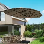 Garden Parasol 14.4 ft. Double-Sided Sun Umbrella with Base, Patio Parasol with LED Solar Lights, Khaki - Image 8